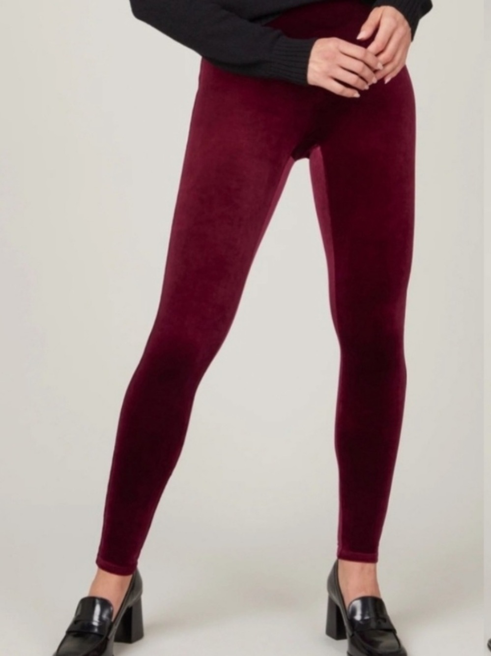 SPANX Velvet Leggings Burgundy Wine Maroon Deep Red Velour Pull-On Tights